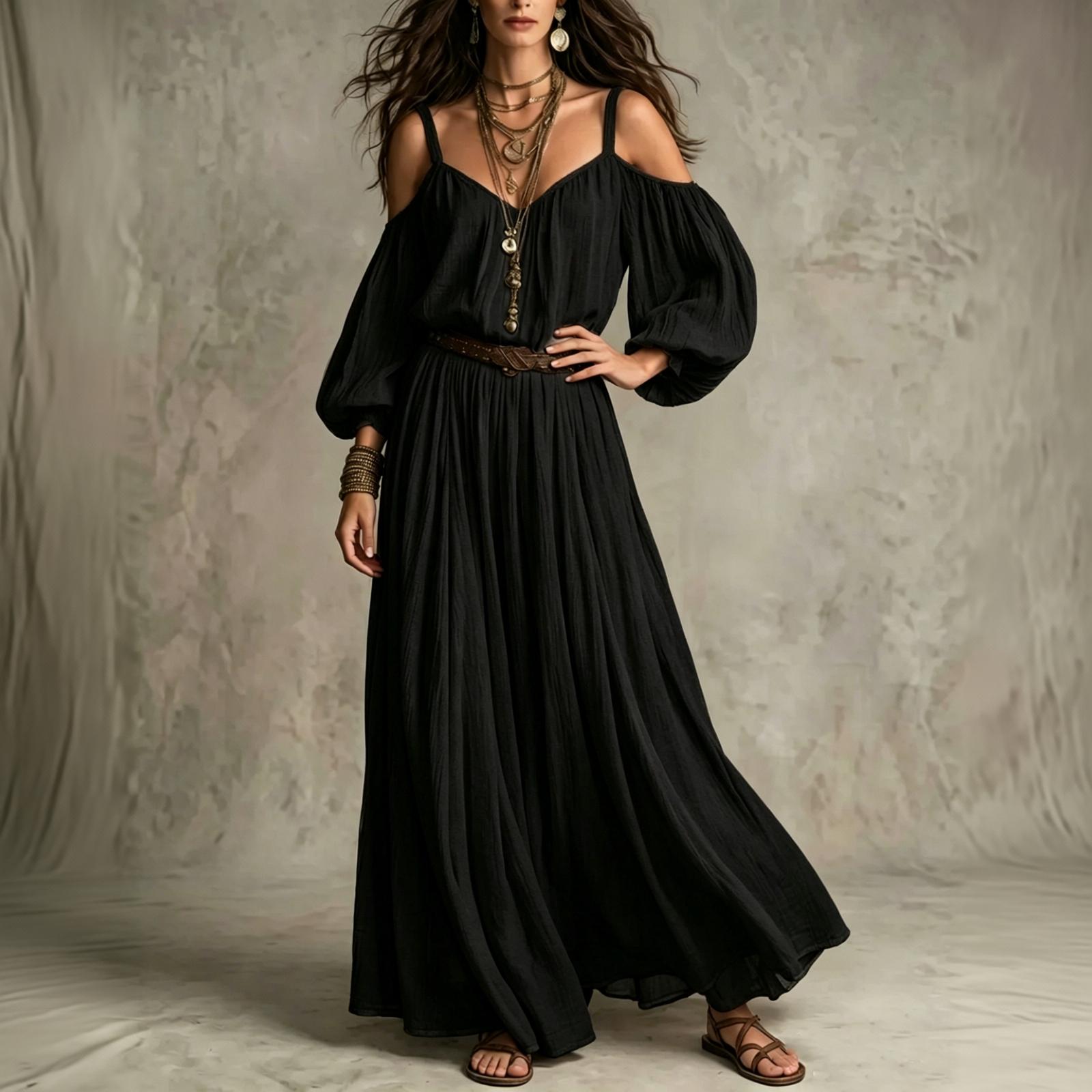 Women s Color Off-Shoulder Pleated Flowy Maxi Dress for Vacation M чёрный