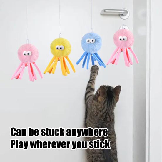Hanging Fluffy Octopus Cat Toy Interactive Self Play Cat Teaser with Bell Soft Plush Octopus Toy with Elastic String for Indoor Kitten Chasing Playing