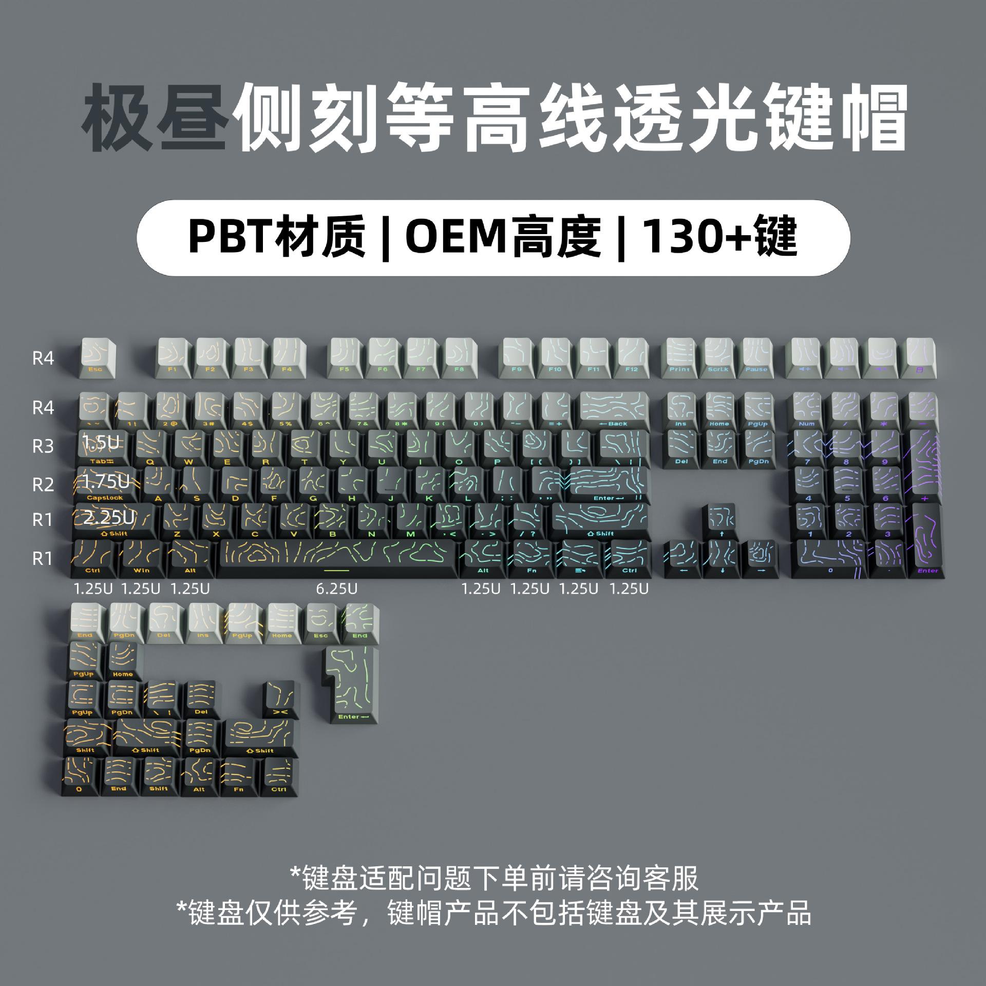

134 Key Double Shot PBT Keycap Black Topographic 4.0 Side-lit RGB Backlit Keycaps Cherry Profile for MX Switches Gaming Keyboard