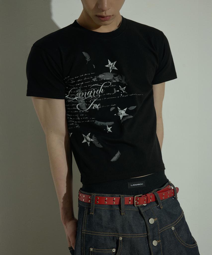 LANARCHIVE [0096] Star Feather Graphic Slim T-Shirt - Black