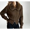 Suéter Cárdigan de Punto Holgado para Mujer con Cuello de Piel