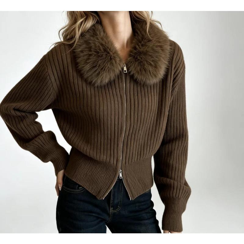 Suéter Cárdigan de Punto Holgado para Mujer con Cuello de Piel