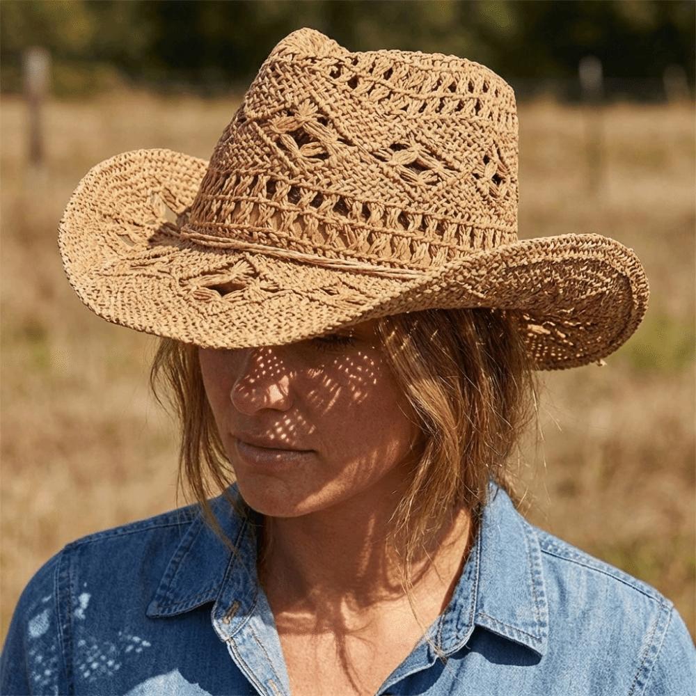 Vintage Style Beach Hat Wide Brim Sun Cowboy Hat Unisex Bohemian Straw Hat Travel