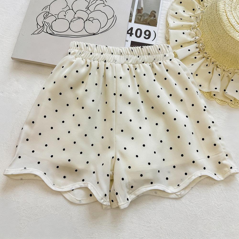 Girls Summer Polka Dot Sleeveless Top And Shorts Set Hollow Lace Collar Shirt Two Piece Outfit For Kids