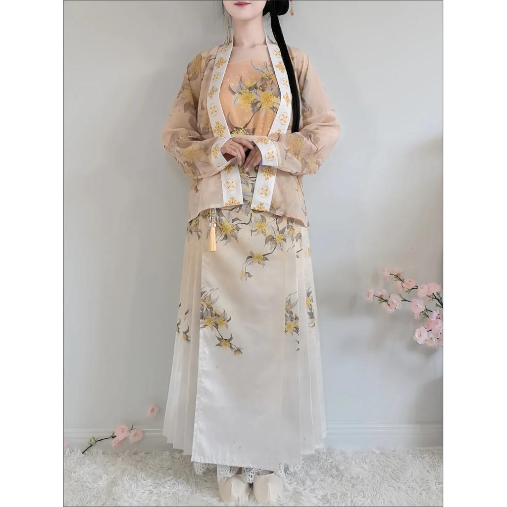 Chinese Ming Dynasty Style horse-face  Skirt Osmanthus Print Daily Suit For Women