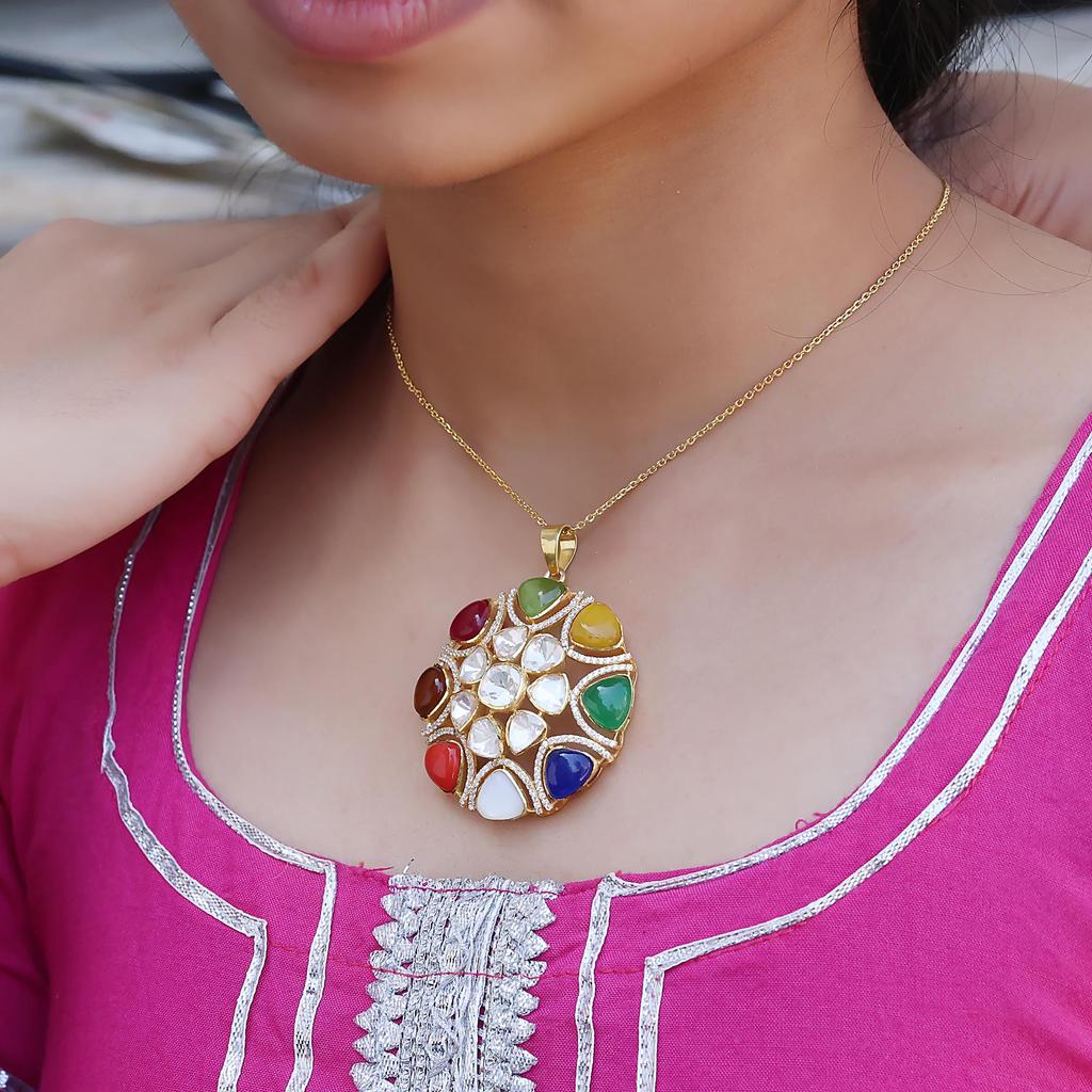 Moissanite Gold Plated Pendant, Indian Kundan Pendant 925 Sterling Silver Handmade Jewelry Women Polki Jewelry