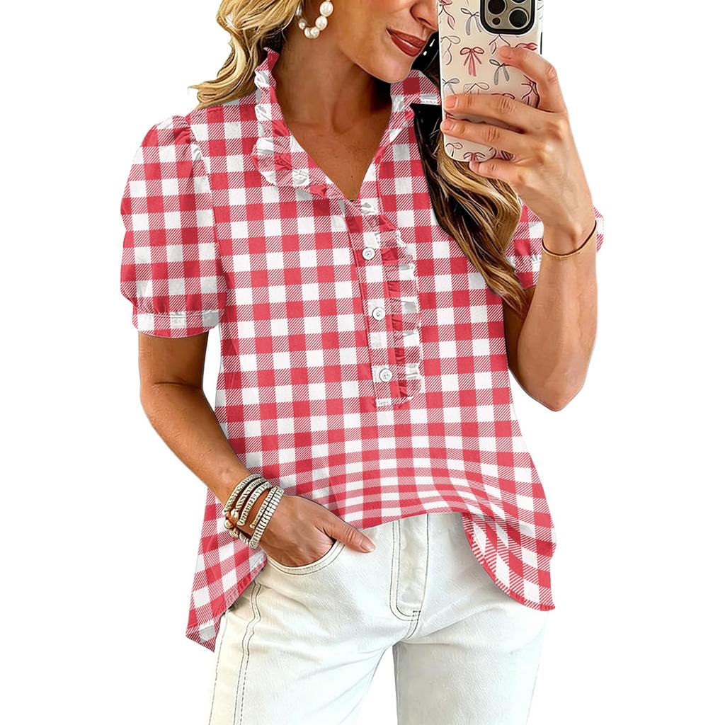 Blusa Informal de Moda para Mujer con Volantes, Cuello en V, Estampado a Cuadros, Manga Corta, Botones, Corte Holgado, para el Día a Día, Oficina