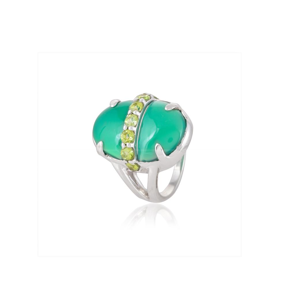 Unique Women's 925 Sterling Silver Oval Gemstone Statement Ring – Mojave Turquoise, Green Onyx or Rose Quartz with Faceted Accent Stones