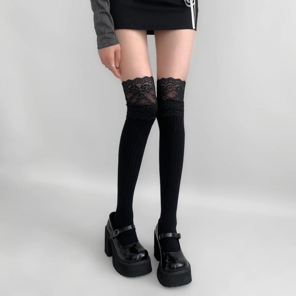 White Lace Thigh-High Stockings with Long Boots - Pure & Sexy Style for Women, Inspired by Japanese Influencers, Perfect for Spring/Autumn.