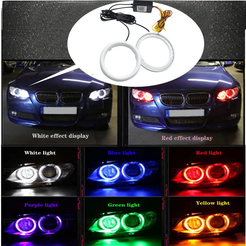 2PCS RGB Angel Eye LED Daytime Running Headlight Lights with APP Control Multi-Color Synchronized to Music for Vehicles 60MM-120