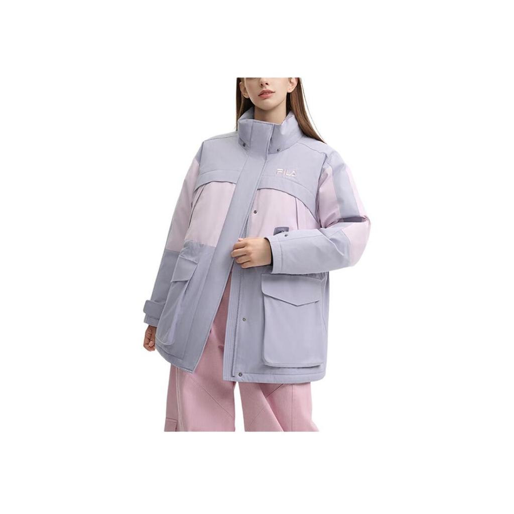 FILA Original Fashion Color Block Casual Loose Waterproof Stain Resistant Hooded Warm Long Sleeve Down Jacket Women outerwear F51W449903F-GY