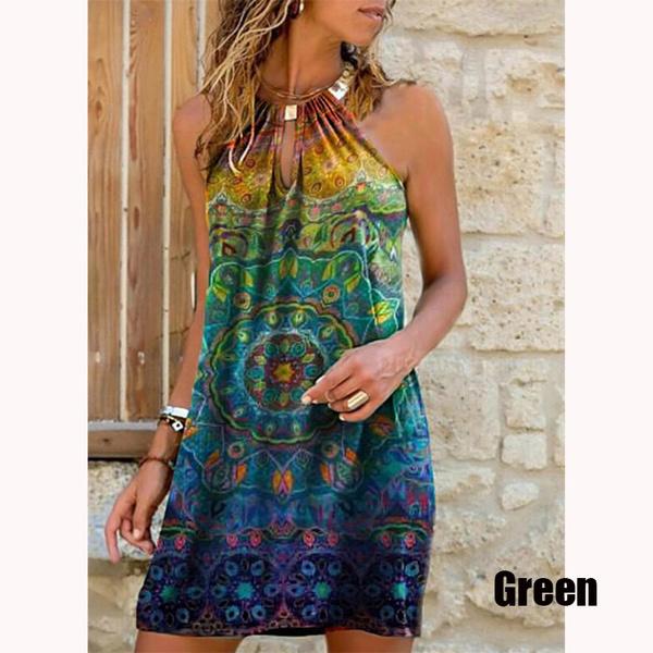 Women's Fashion Summer Sleeveless Print MINI Dress Casual Neck Halter Dress