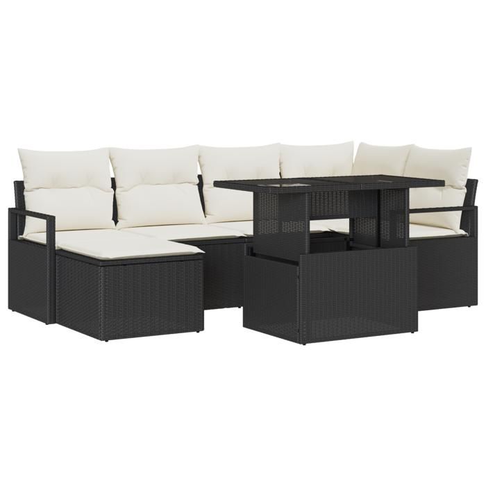 Ensemble de Canapés de Jardin 7 Pièces avec Coussins Noir Rattan Poly, Canapé de Jardin 2 Places avec Rangement et Coussins 3357590