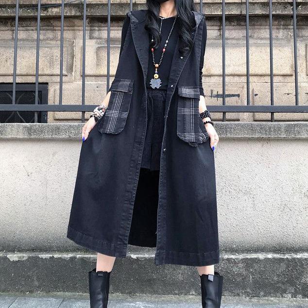 Women's Plus Size Hooded Patchwork Denim Windbreaker Vest - Spring/Autumn Sleeveless Loose Outerwear