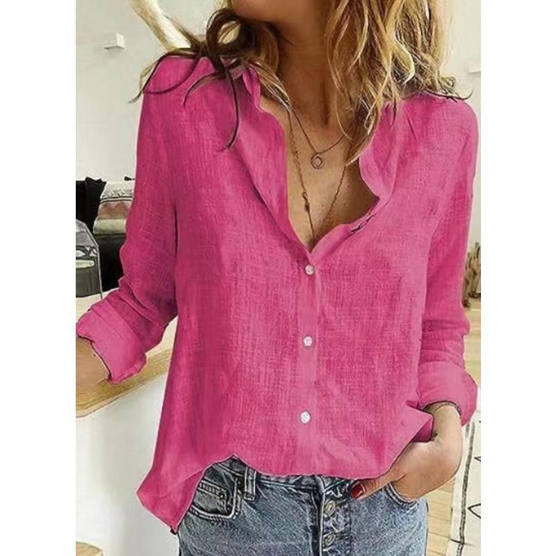 Damenmode, lässig, Frühling und Herbst, einfarbig, langärmelig, Polo-Ausschnitt, Blusen und Hemden