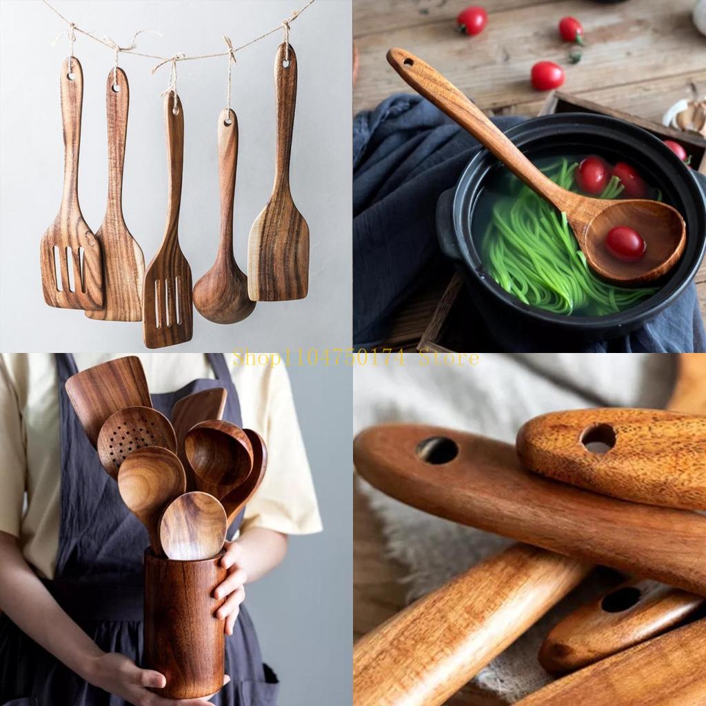 

8 Pcs Wooden Tableware for Cooking Utensils Rack Natural Teak Comfortable Kitchen Cooking Utensils Set With Holder top sale China Mainland