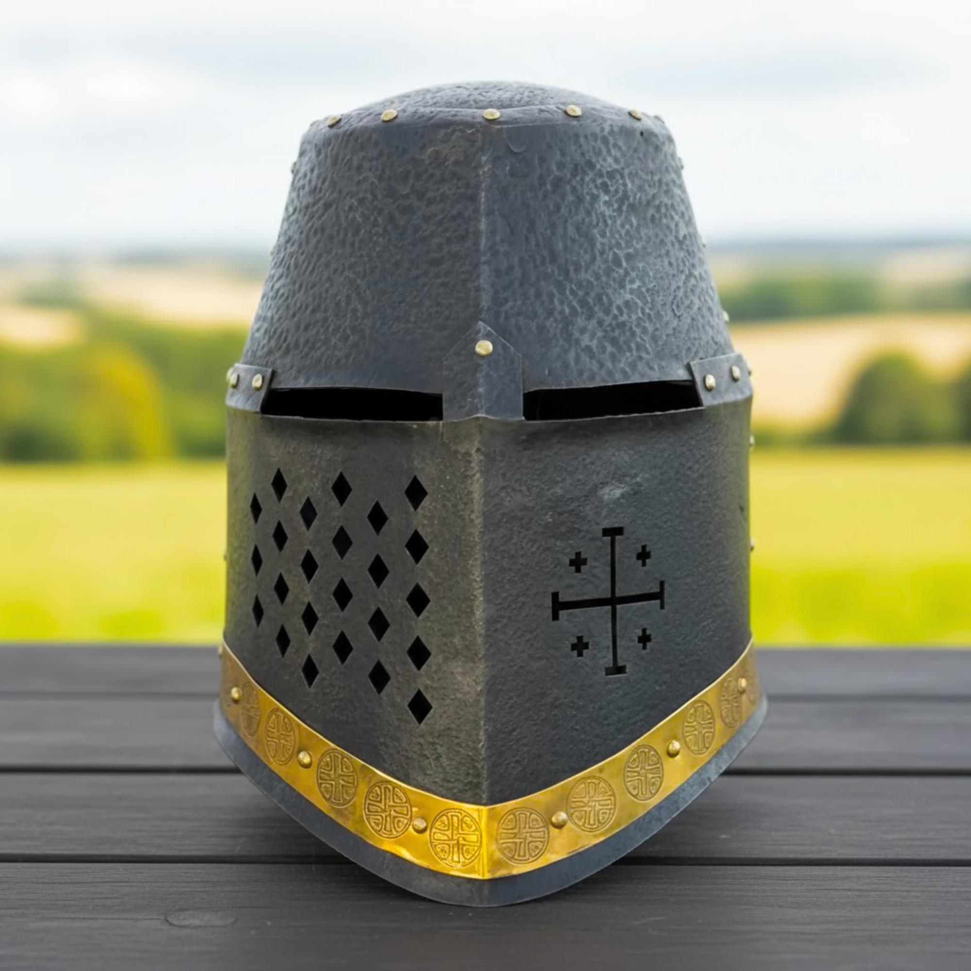 

Handmade Templar Crusader Helmet, Black Great Helm Steel Full Face Knight Helmet for LARP, Cosplay and Gift for Him
