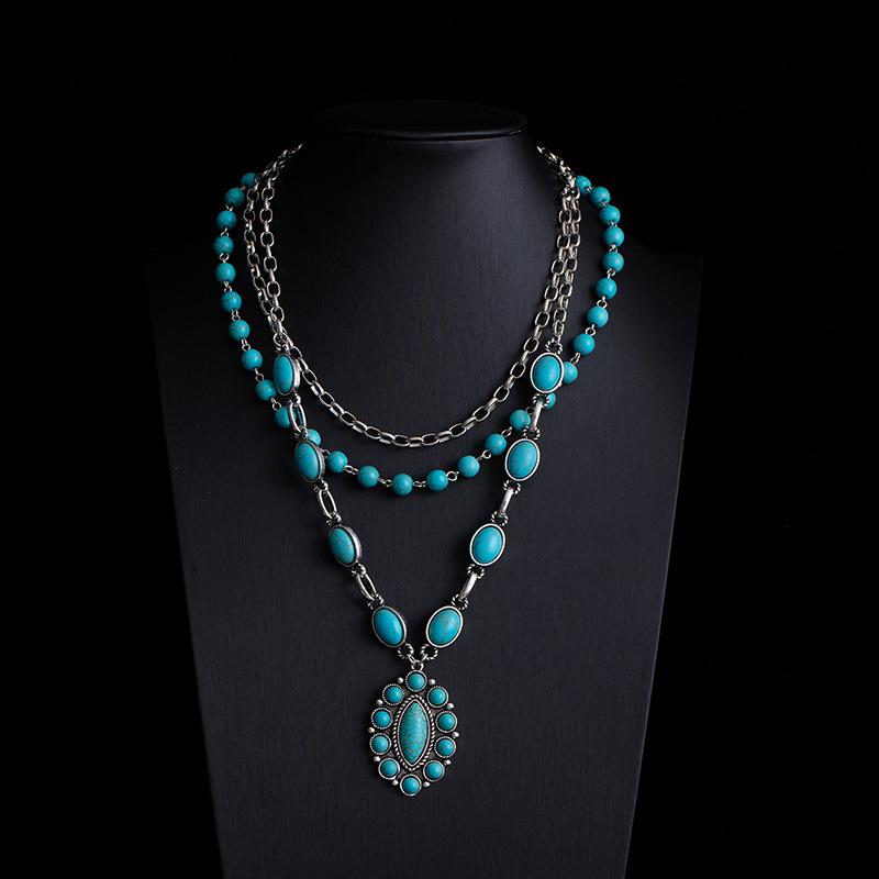 Bohemian Retro Ethnic Style Turquoise Necklace Female Western Denim Style Multi-Layered Wearing High-End Sweater Chain