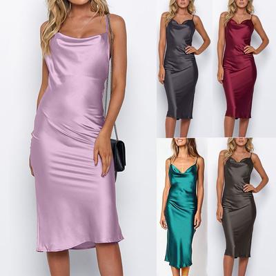 Women Sexy Elegant  Color Imitation Silk Slim Dress Banquet Sling Dress