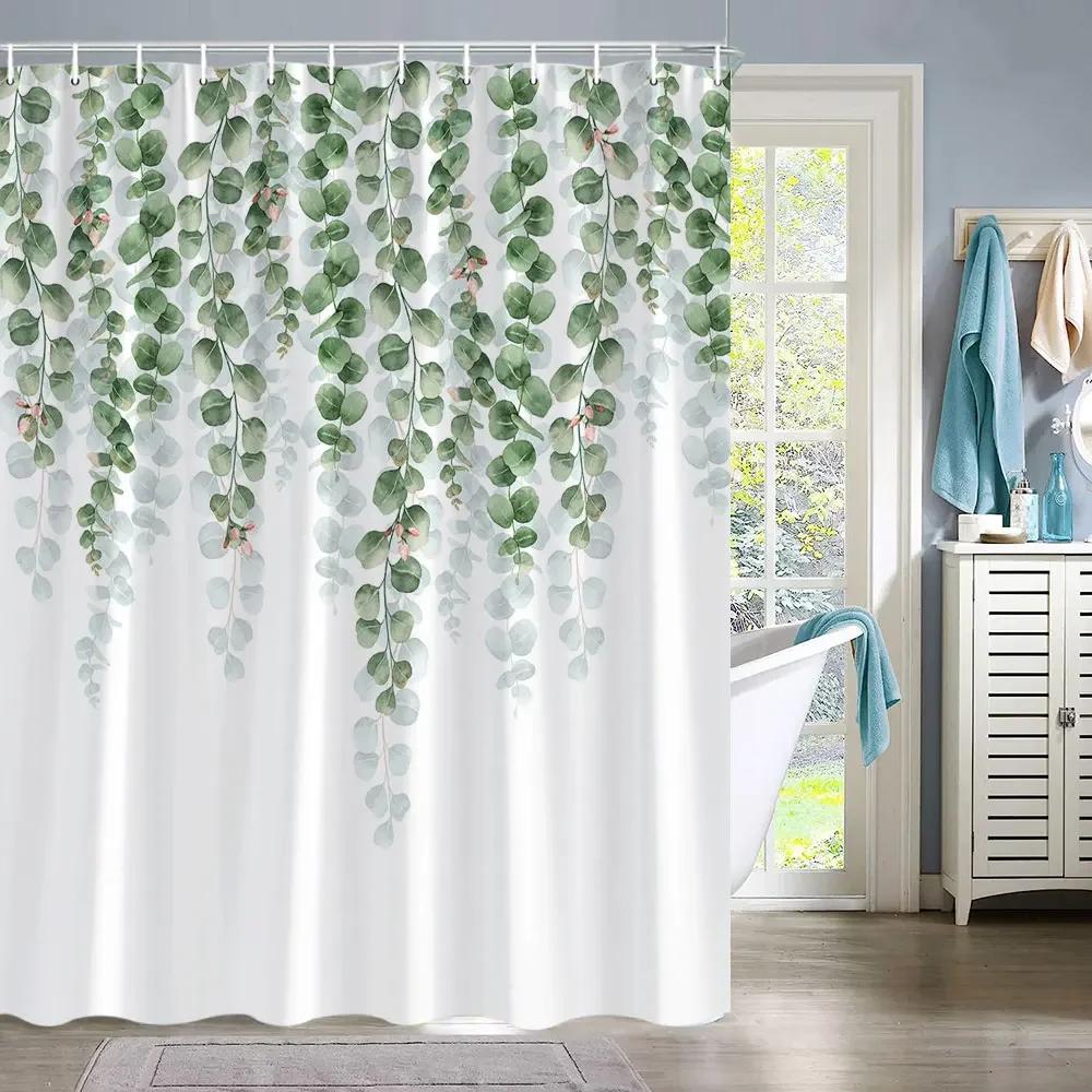 Eucalyptus Leaves Shower Curtain for Bathroom Green Leaf Plant Decorative Bath Curtain Polyester Bathroom Curtain Set With Hooks