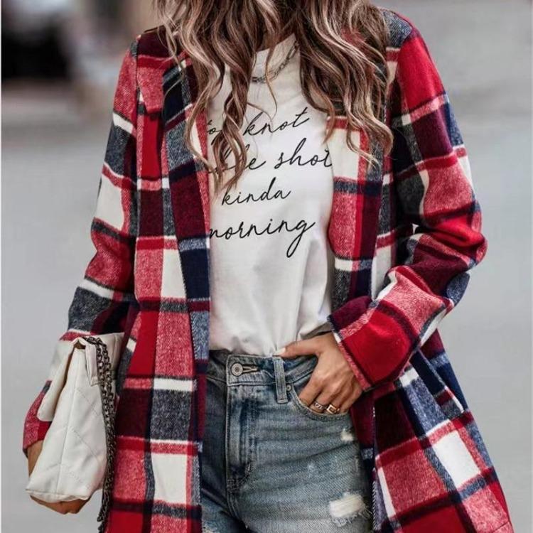 Women Vintage Casual Winter Wool Long Sleeve Loose Coat Polo Neck Jacket Plaid Print Pocket Outerwear
