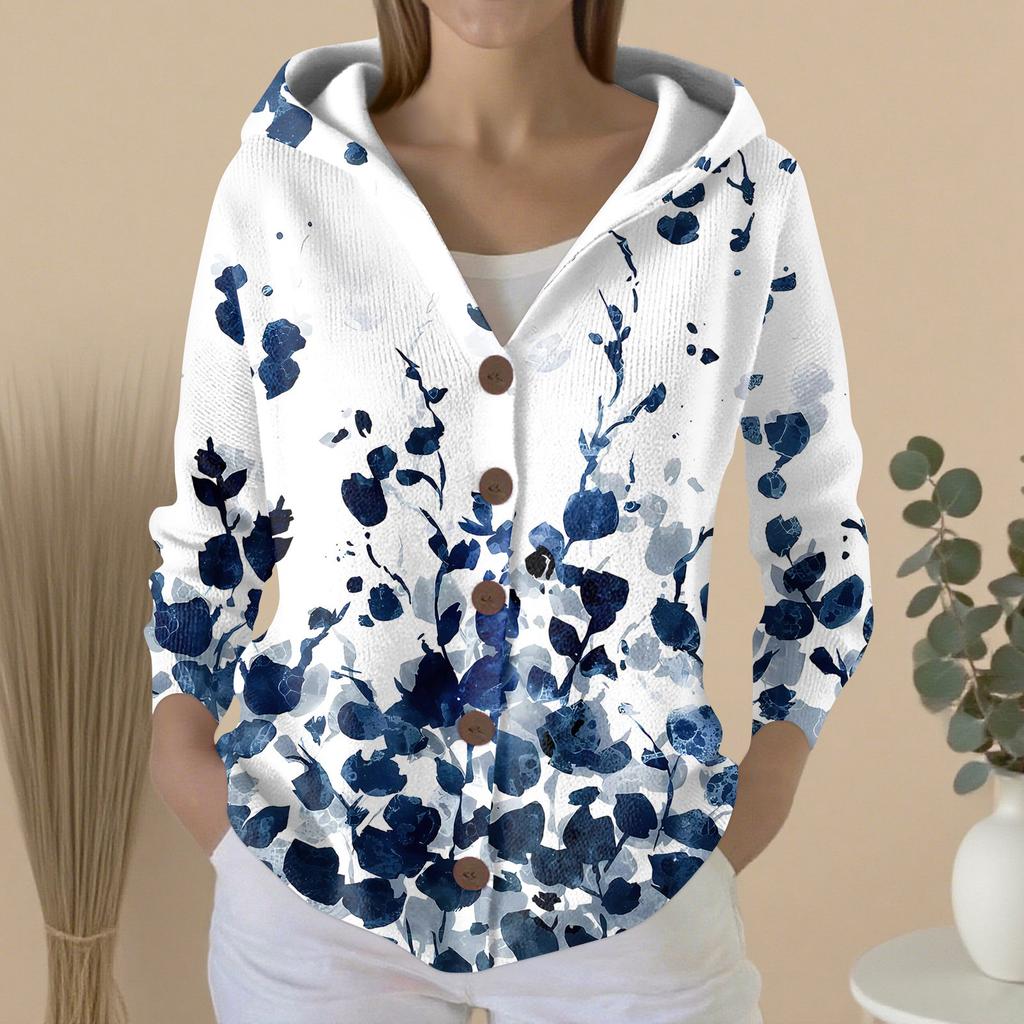 Women's Fashion Casual Sweater Button-Up Print Cardigan  Hooded Jacket