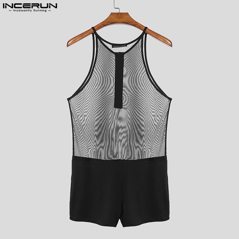 INCERUN Men Sleeveless See Through Mesh Sheer Jumpsuits Underwear Playsuits