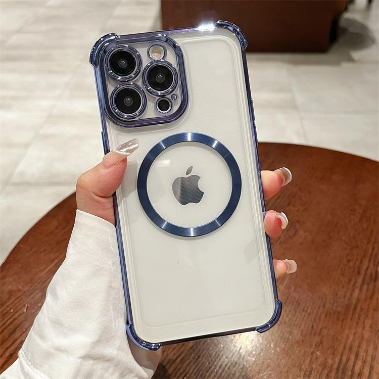 For Apple 16PRO Four Corner Anti Drop Plated Phone Case for IPhone 11/13 Solid Color CD Pattern Magnetic Protective Cover