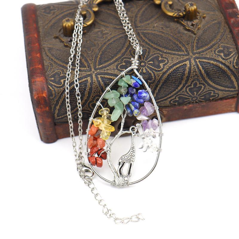Handmade Copper Wire Wound Natural Gravel Crystal Giraffe Life Tree Fortune Tree Necklace N53