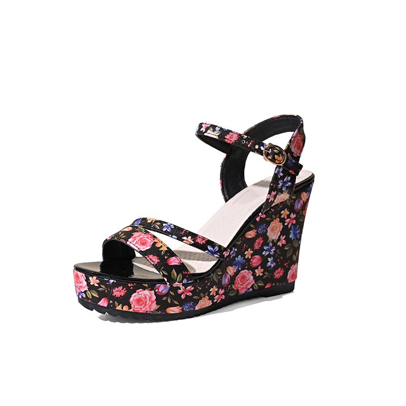 

Fashion Summer New Wedge-heeled Sandals Women Fashion Round Head Print Open-toe Line with Waterproof Platform High Heels 42 чёрный