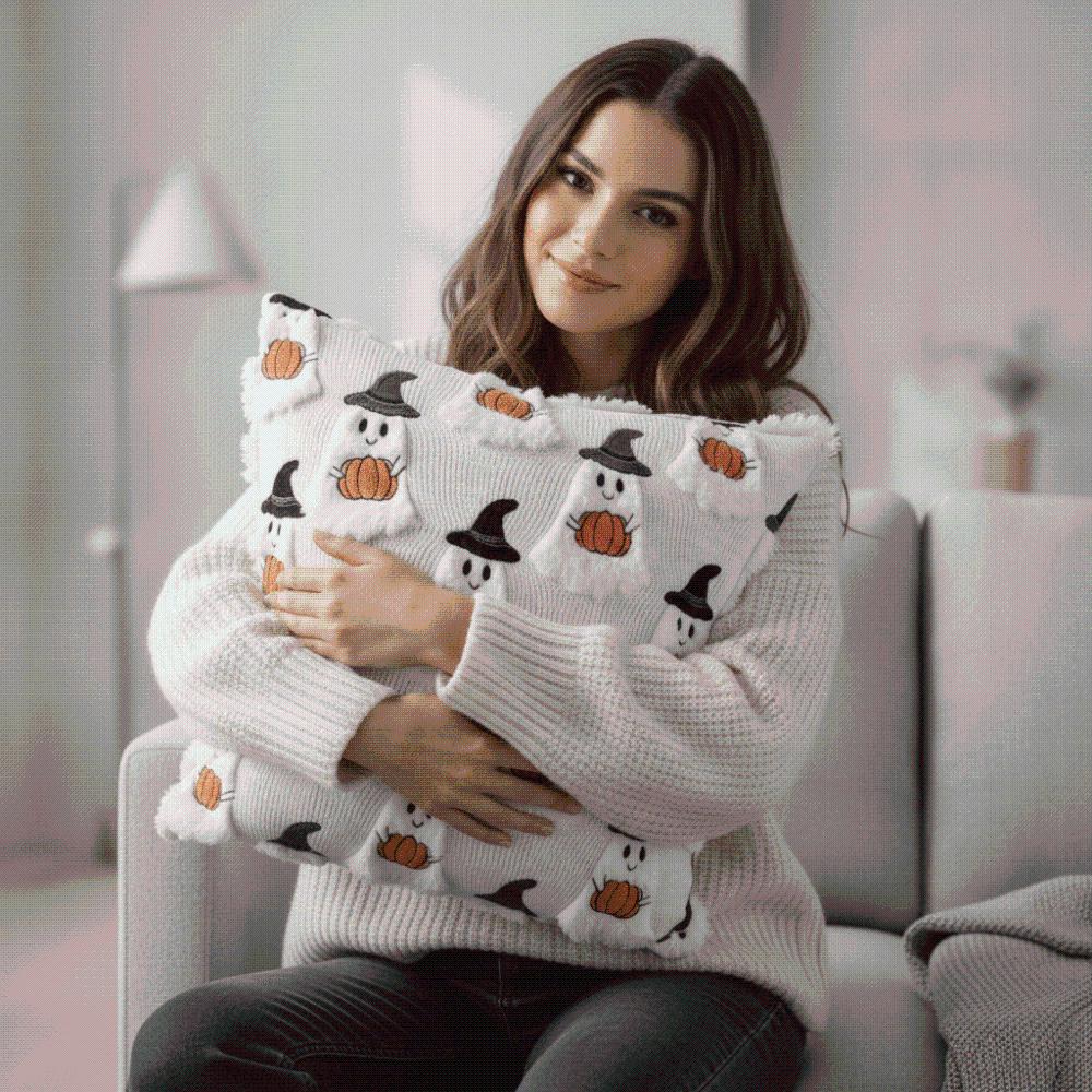 Soft Plush Pumpkin Pillow Case Cute Embroidery Square Shape Halloween Cushion Cover Warm Texture Solid Color