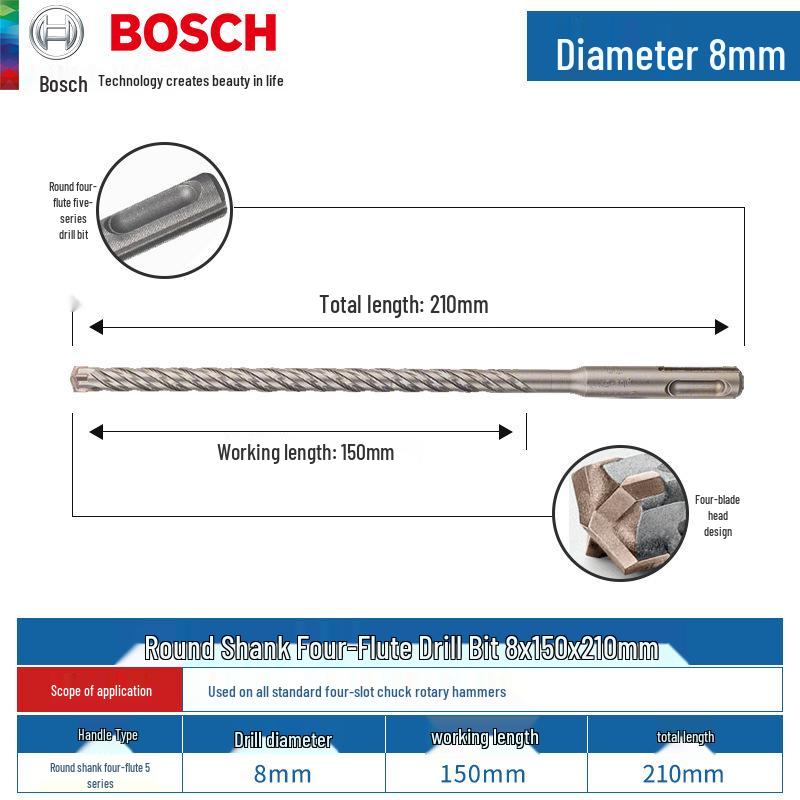 Bosch 5-Series Electric Hammer Drill Bit, Four-Groove, Cross Wall-Penetrating, Extended Length, Round Shank for Concrete.