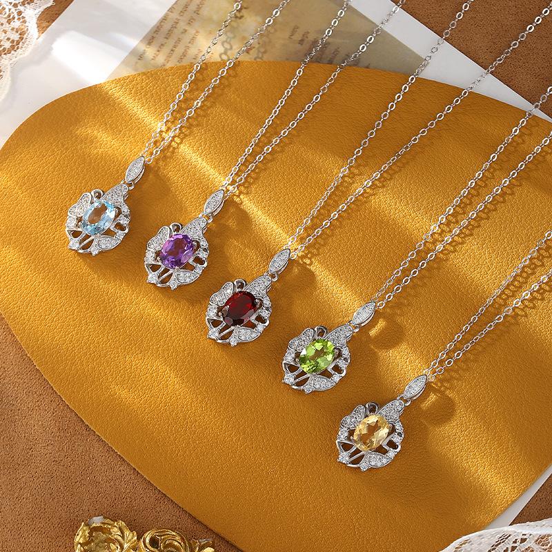 S925 Sterling Silver Necklace Women's Natural Crystal Stone Topaz Pendant Light Luxury Color Treasure High-end Clavicle Chain
