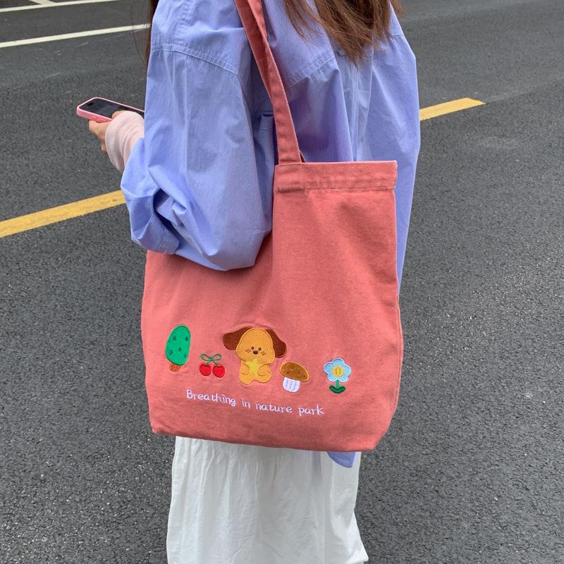 

Retro Washed Denim Women s Shoulder Bags Cute Animal Embroidery College Girls Canvas Book Tote Bag Travel Shopping Handbags