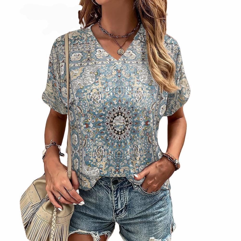 Bohemian Pattern 3D Printed T-shirt for Women's Summer V-neck Short