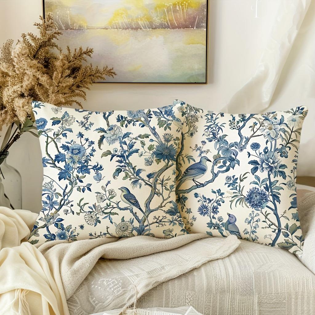 Retro blue floral bird pattern printed pillowcase living room sofa cushion cover bedroom room home decoration
