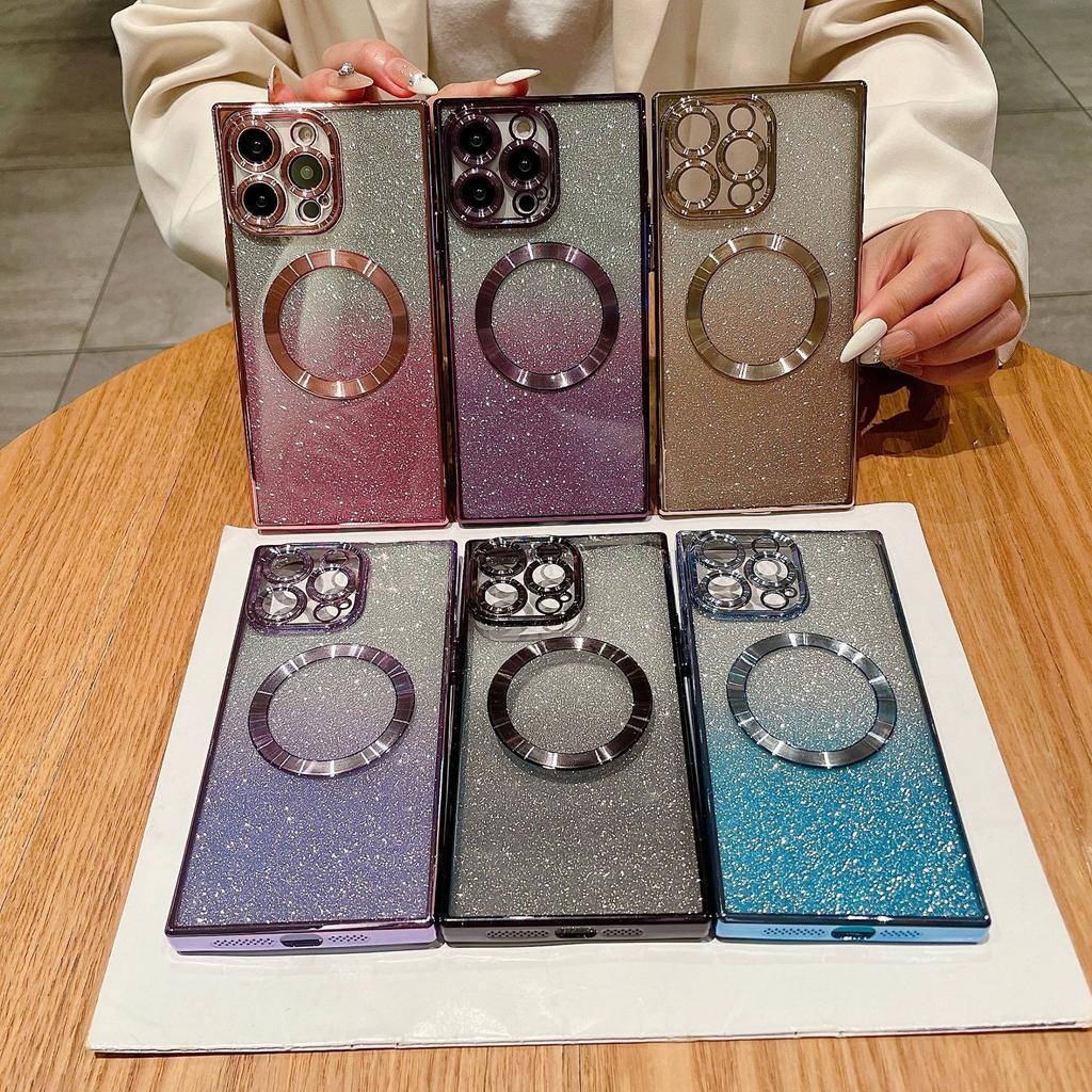 Applicable to square electroplated magnetic case gradual change glitter mobile phone case Apple 16PRO two-color glitter case 16PROMAX