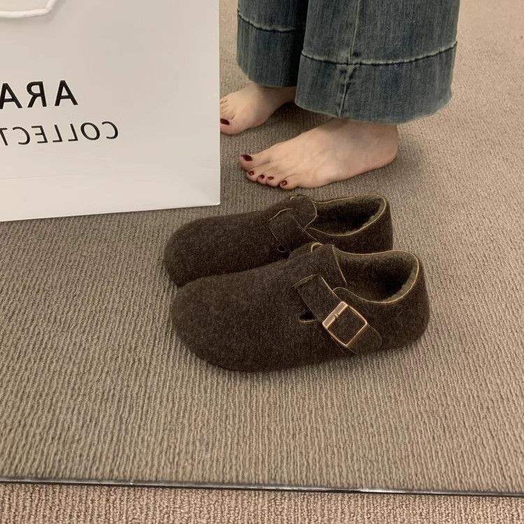 Retro round head felt fleece Birkenstocks women's fleece autumn and winter one-pedal thermal cotton ladyshoes woolen loafers