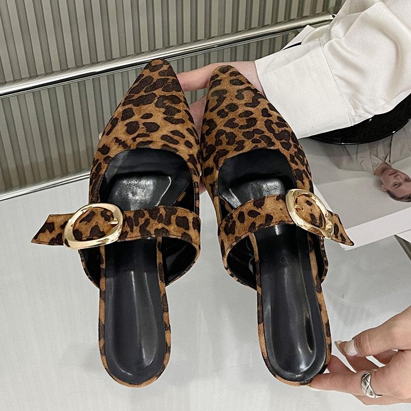 Mode Damen Metall Schnalle Schuhe Ballerinas Pantoletten Damen Hausschuhe Mules Schuhe Mode Leopardenmuster Damen Ballerinas Hausschuhe Große Größe 43
