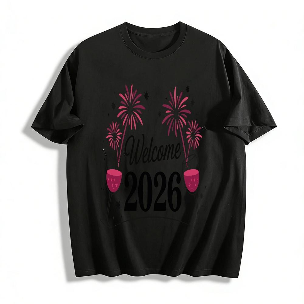 Welcome 2026 New Year Fireworks Wine Glass Print Casual Top Pure cotton T-shirt XXS