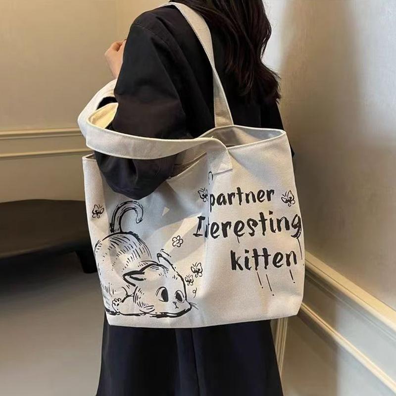 Carto Canvas Tote Bags Creative Cat Print Shoulder Bags Casual Versatile Large Capacity Handbags New Popular Student Backpacks