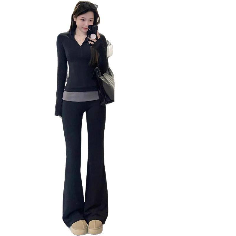 Petite 145 Black Flare High-Waist Slimming Shark Pants for Women (Spring/Autumn)