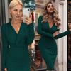 IELGY New Product Women's Dress Explosion Style Deep V Pleated Hip Bag Long Sleeve Solid Color Dress