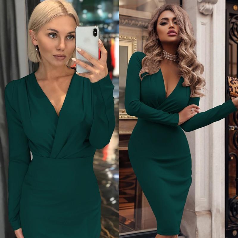 IELGY New Product Women's Dress Explosion Style Deep V Pleated Hip Bag Long Sleeve Solid Color Dress