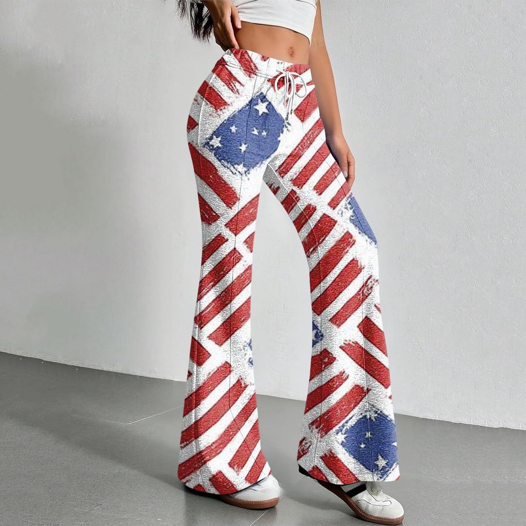 Women's Fashion Loose Drawstring Tight Waist Independence Day Printed Casual Sports Pants Casual Flared Pants