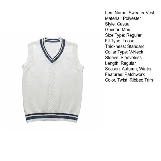 College Style Sleeveless V Neck Sweater Vest Autumn Winter Patchwork Color Twist Men Knitted Vest Daily Clothing