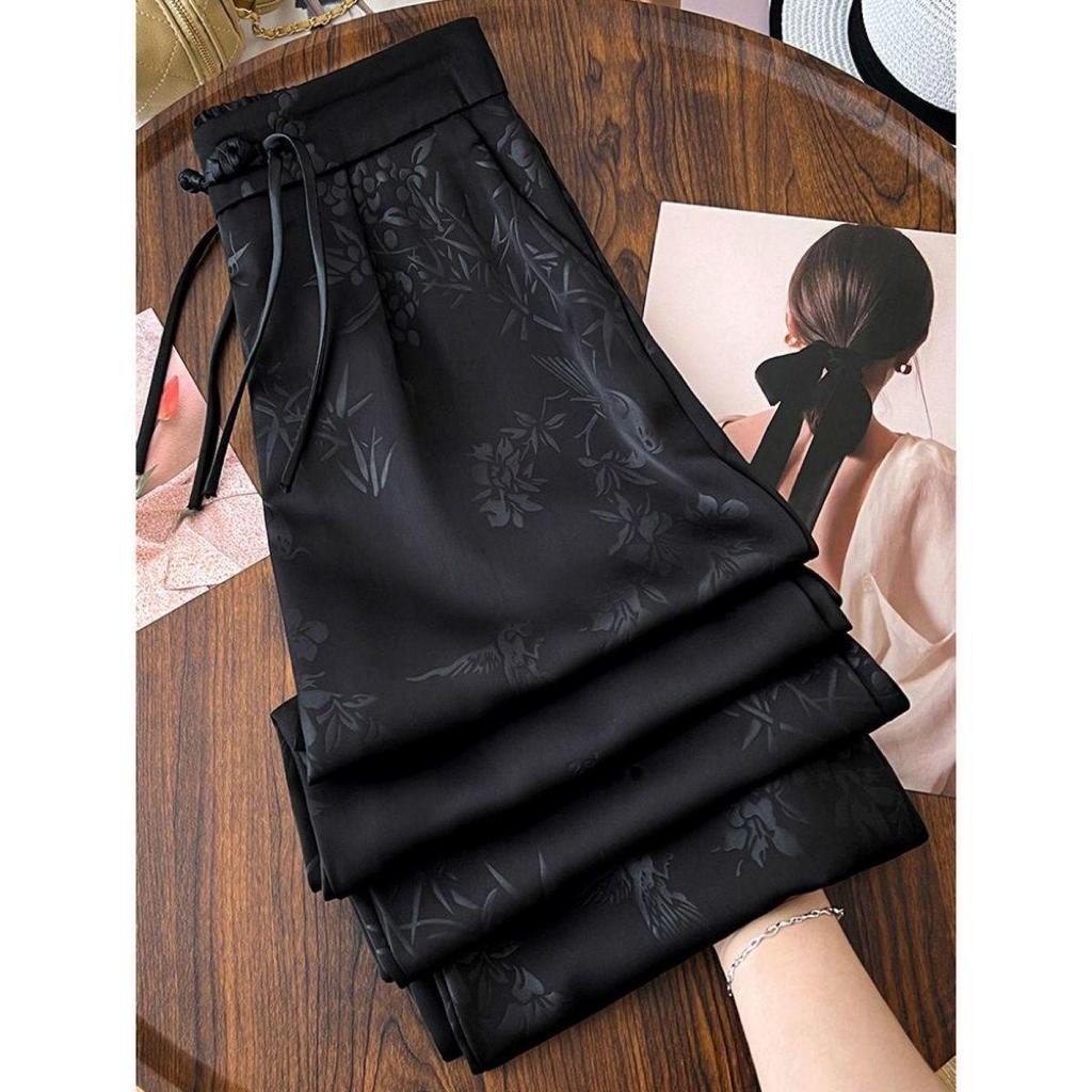 Women's Summer High-Waist Wide-Leg Ice Silk Pants - Chinese Style, Slimming, Plus Size, Casual and Breezy.