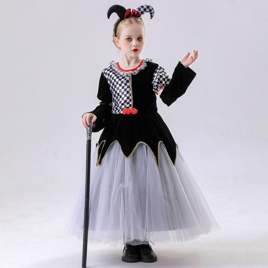 120-150cm Kinder Poker Dame Schwarz Weiß Kariert Clown Prinzessin Rock Halloween Kostüm