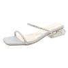 Slippers Women's Outer Wear Spring 2025 New Thick Heel Rhinestone Versatile One-word Drag Fashion Square Head Crystal Sandals Women