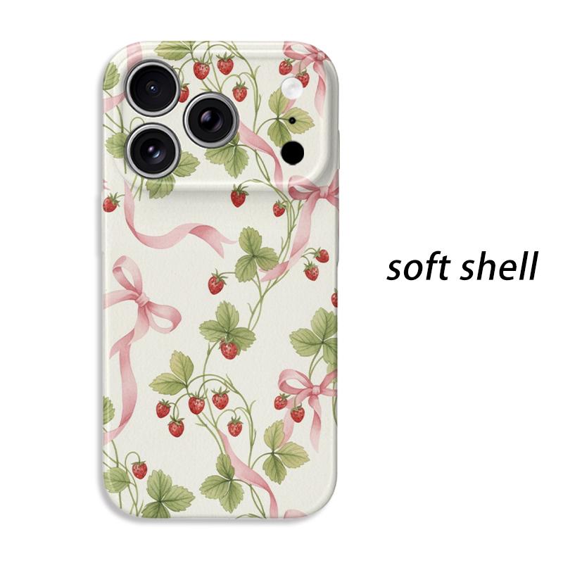 Soft Ribbon Strawberry Bow Floral Pattern Graphic Art Film Aesthetic Protective Shockproof Bumper Phone Case Cover For iPhone 14 15 16 Pro Max Plus